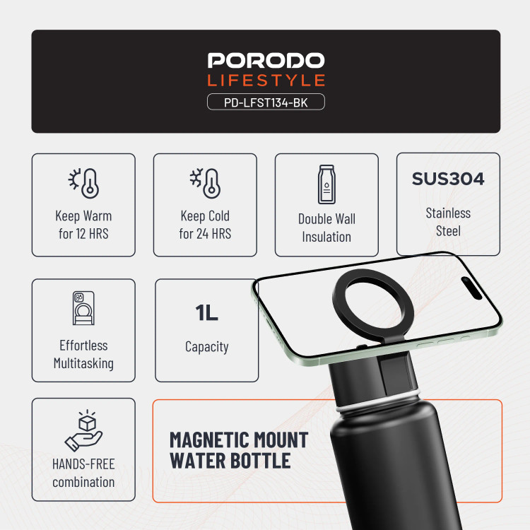 بطری آب استیل پرودو مدل PD-LFST134 ظرفیت ۱ لیتر با هولدر مگنتی