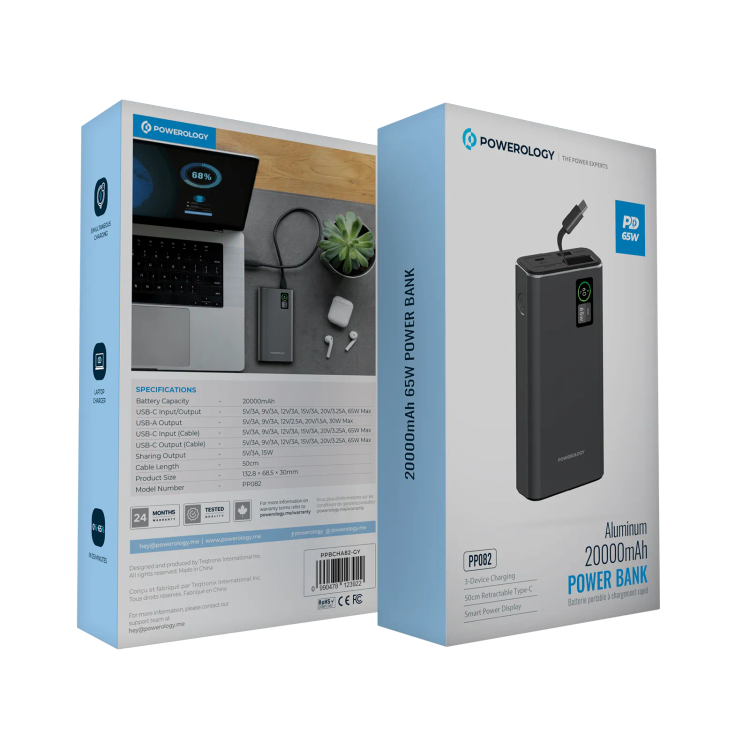 پاوربانک پاورولوژی PPBCHA82 ظرفیت ۲۰۰۰۰ میلیآمپر ساعت فست شارژ ۶۵ وات