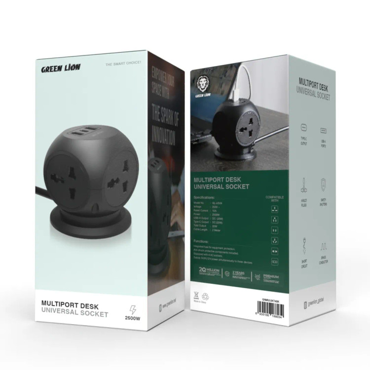 چندراهی برق گرین مدل MultiPort Desk ظرفیت ۲۵۰۰ وات با ۳ عدد پریز