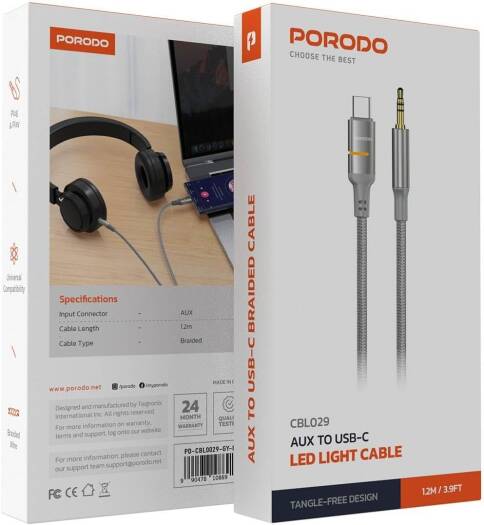 کابل AUX به تایپ سی PORODO با نور LED