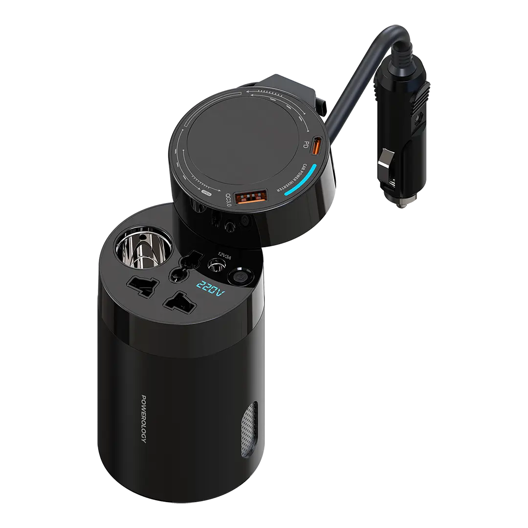 اینورتر برق خودرو پاورولوژی مدل ظرفیت ۲۰۰ وات با نمایشگر LED و شارژ سریع