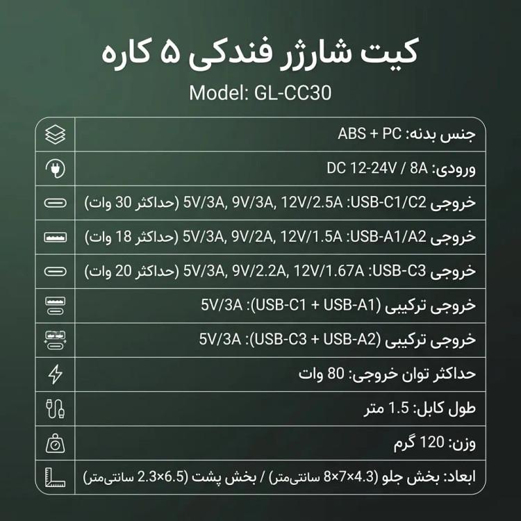 شارژر فندکی 5 در 1 گرین لاین Multiport