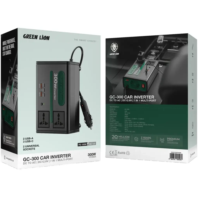 اینورتر خودرو گرین لاین مدل GC-300 ظرفیت ۳۰۰ وات ۷ در 1