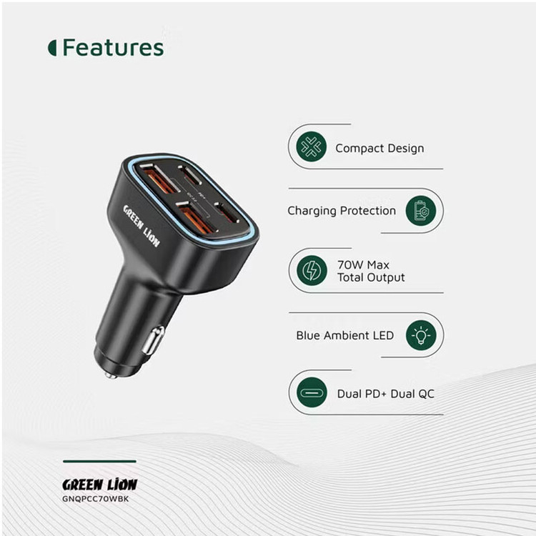 شارژر فندکی خودرو 70 وات گرین لاین مدل Quad Port