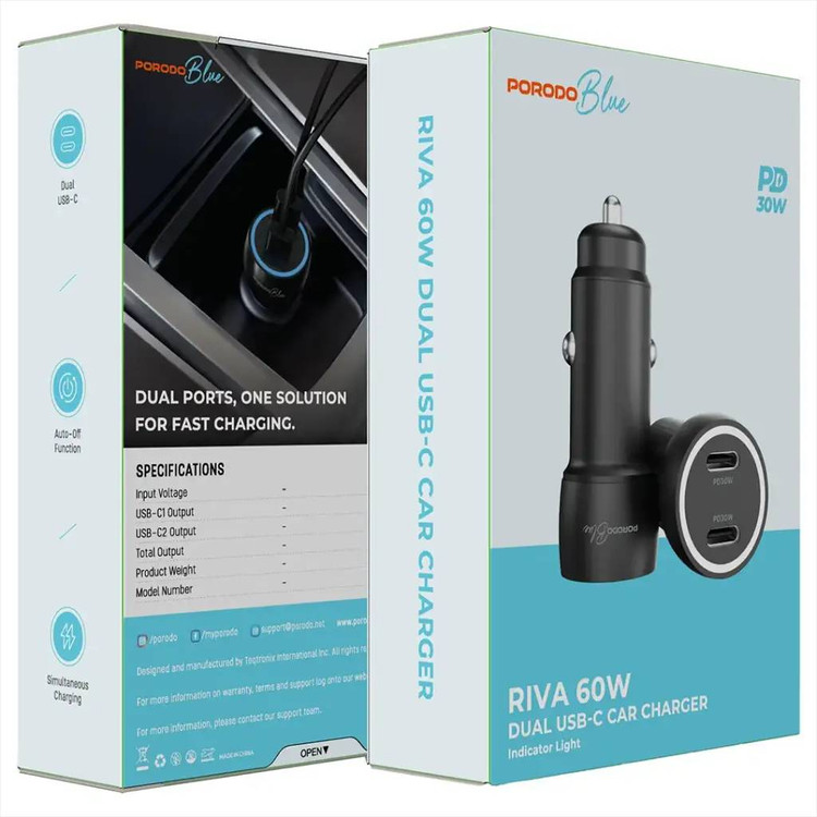 شارژر فندکی Porodo Blue Riva 60W دو پورت USB-C