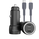 شارژر فندکی Porodo Blue Riva 60W دو پورت USB-C به همراه کابل USB-C به Lightning