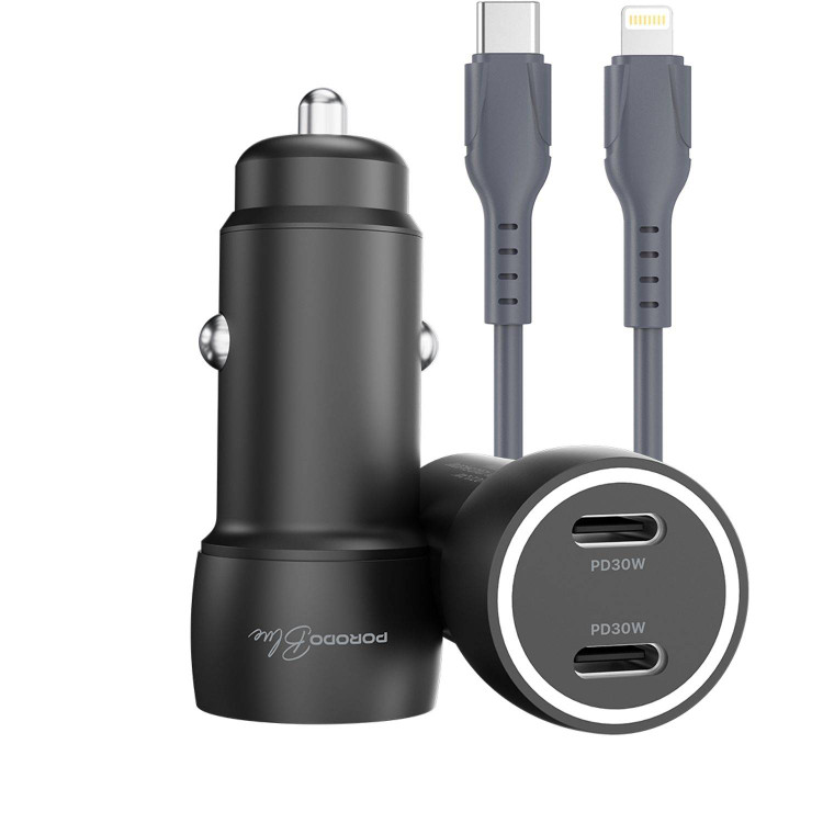 شارژر فندکی Porodo Blue Riva 60W دو پورت USB-C به همراه کابل USB-C به Lightning