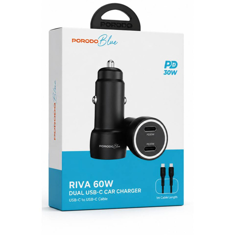 شارژر فندکی Porodo Blue Riva 60W دو پورت USB-C به همراه کابل USB-C به USB C