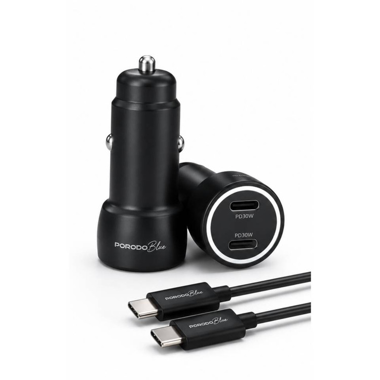 شارژر فندکی Porodo Blue Riva 60W دو پورت USB-C به همراه کابل USB-C به USB C