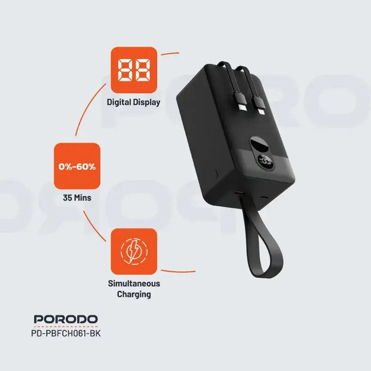 پاوربانک پرودو مدل Integrated Cables ظرفیت 50 هزار میلی آمپر با کابل متصل