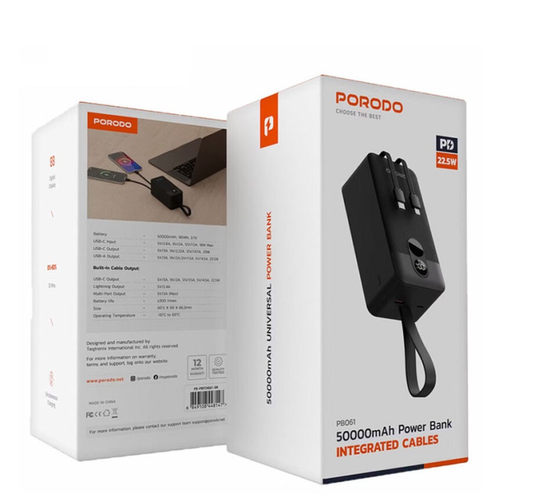 پاوربانک پرودو مدل Integrated Cables ظرفیت 50 هزار میلی آمپر با کابل متصل